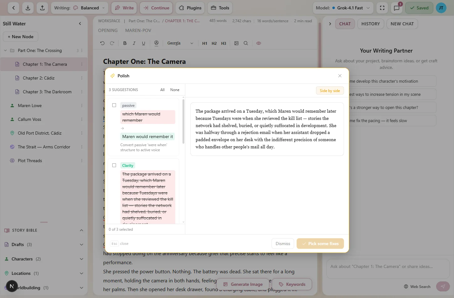 Side-by-side comparison showing text before and after Polish, with grammar fixes and tighter prose