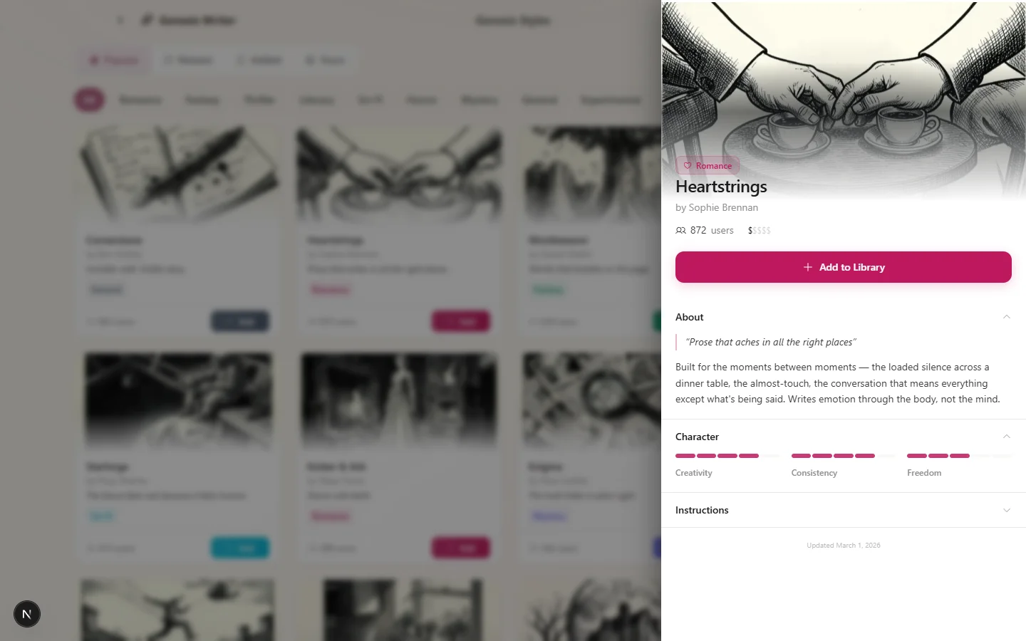 An expanded style card showing the full description, all three ratings, creator attribution, and action buttons