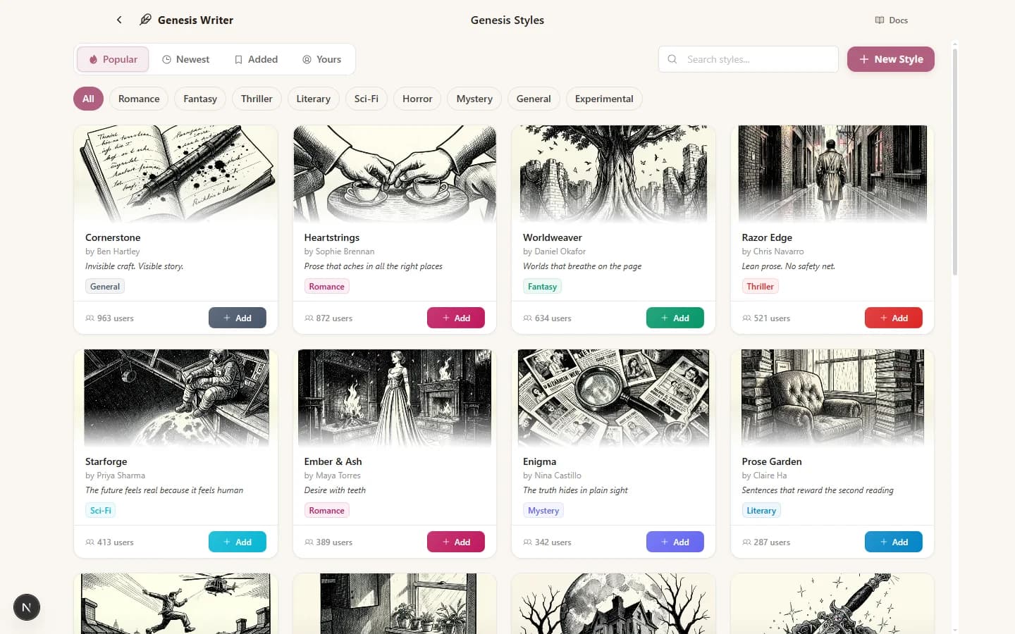 The Style Marketplace showing a grid of style cards with ink illustrations, organized by genre categories