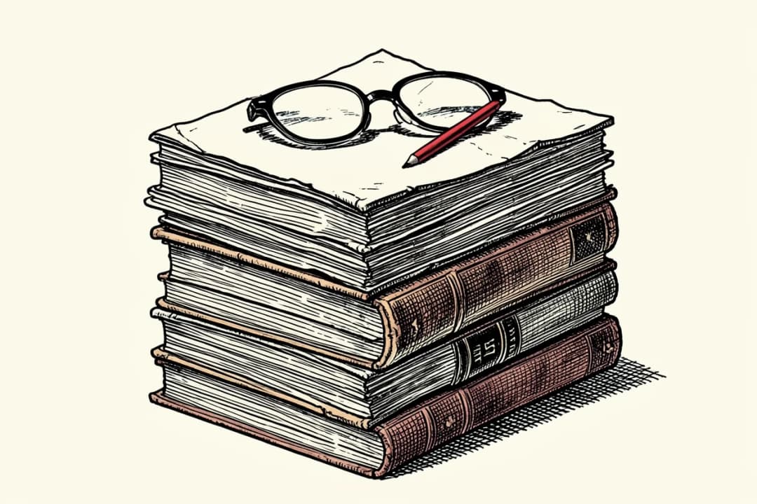 Ink illustration of a manuscript stack with reading glasses