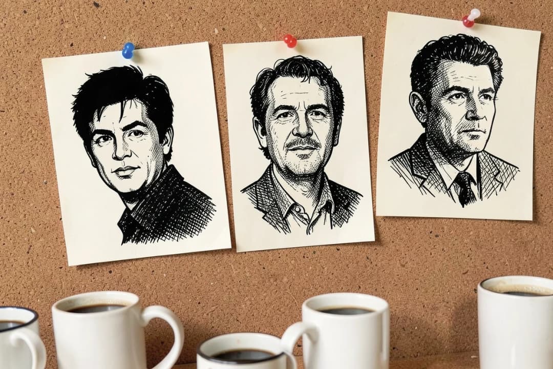 Ink illustration of character portrait sketches on a corkboard