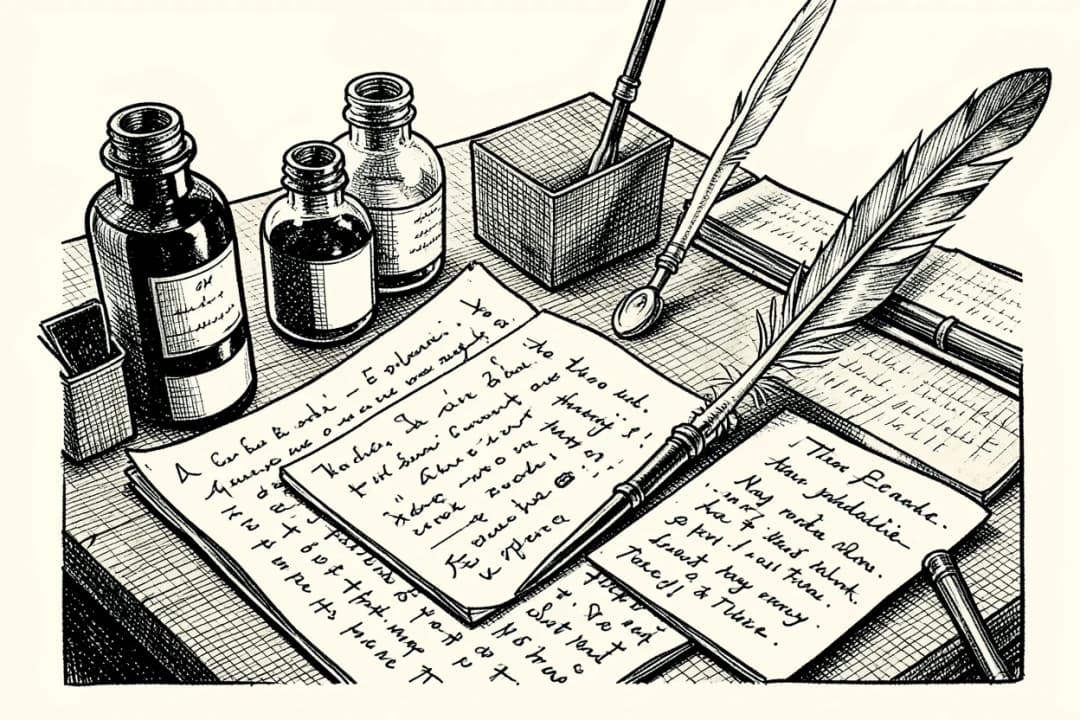 Ink illustration of quill pens and manuscript pages